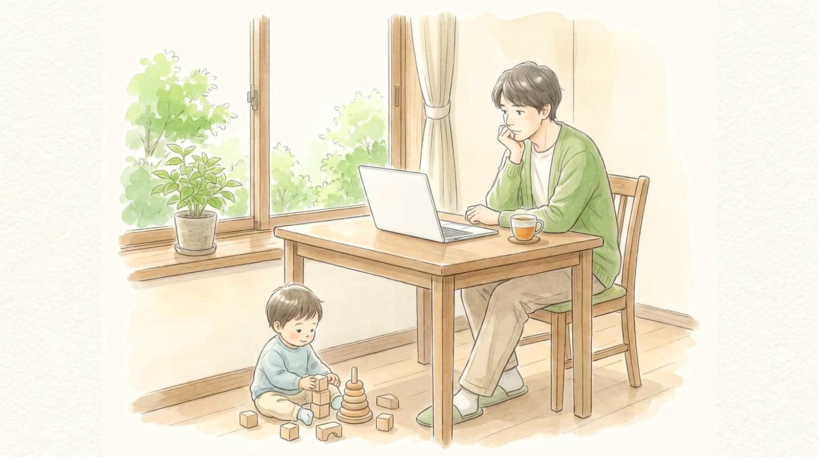 窓辺の食卓でノートパソコンを開いて調べものをする親と、足元で積み木をする子ども