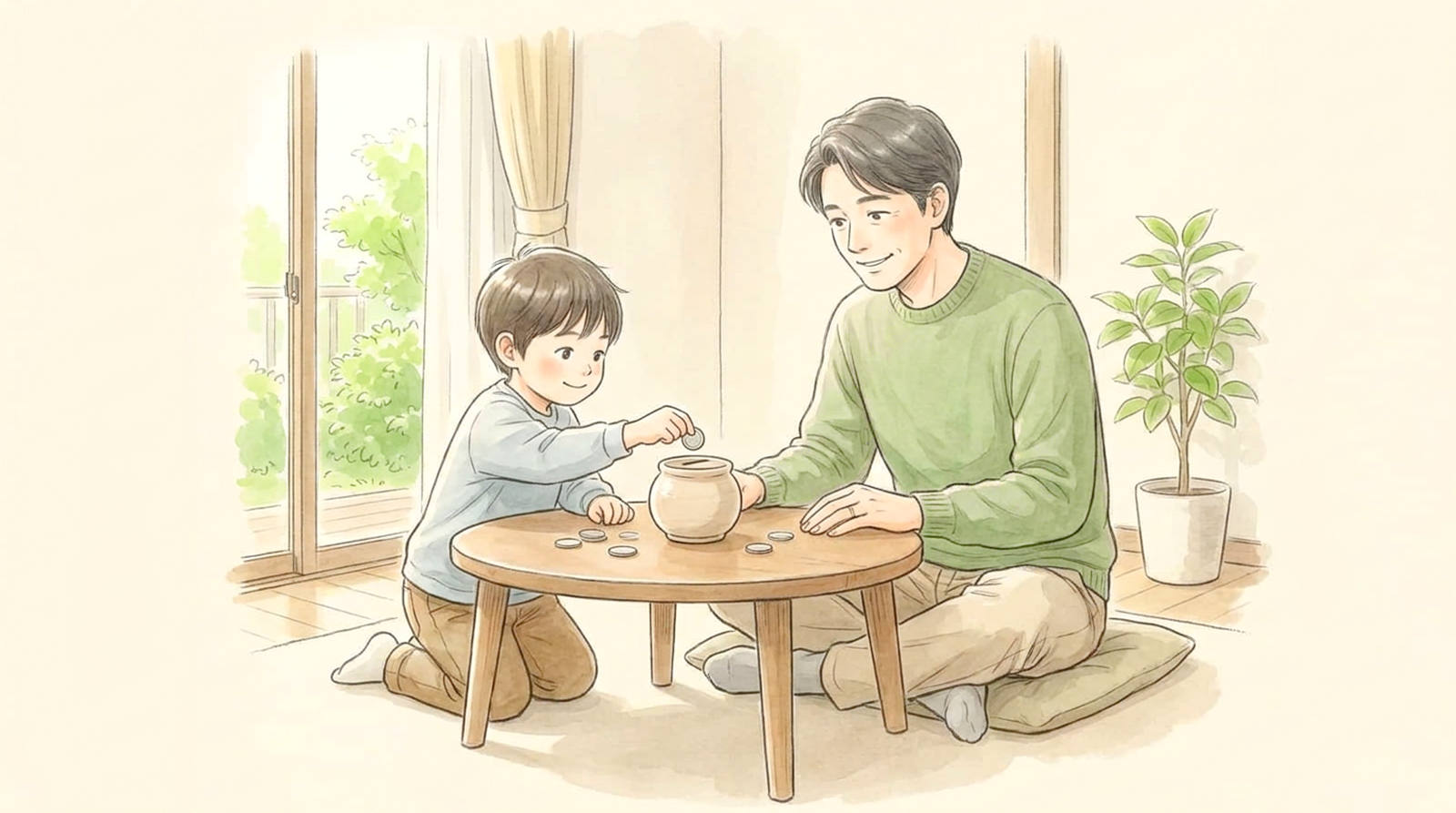 低いテーブルで、子どもが貯金箱に硬貨を入れるのを見守る親